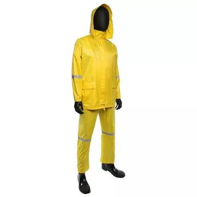 .18 MM DNIP Low-Lead PVC over Polyester 3pcs Rain Suit, 1" Reflective Silver Tape, Zip Up Front w/ Button Storm Flaps, Hidden Zipper Pocket, Sewn & Taped Seams, Detachable Hood w/ Visor - Safety Yello 4338/L