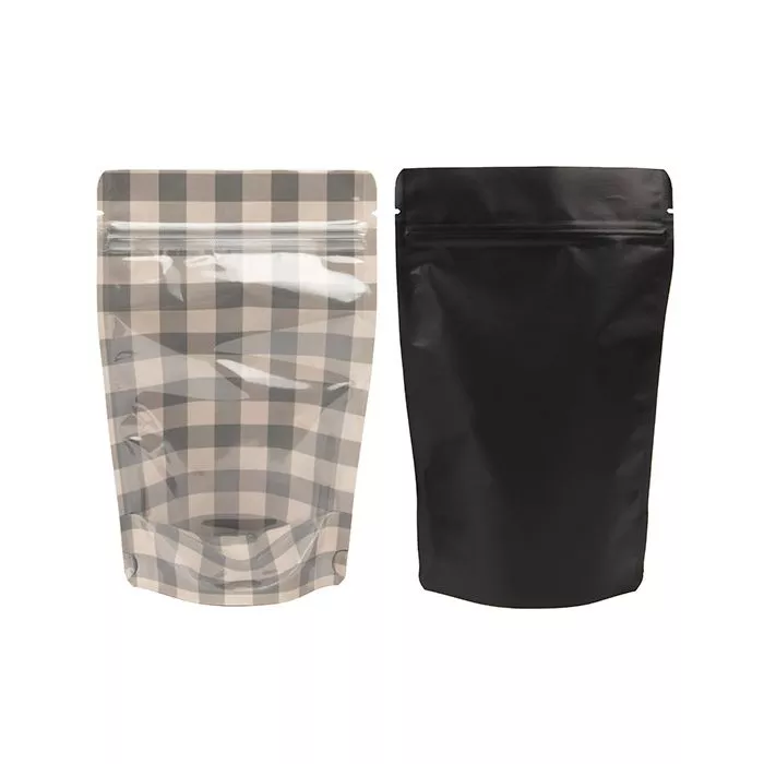 Black Kraft Stand Up Zipper Pouch w/ White & Black Plaid, 5 1/8" x 3 1/8" x 8 1/8" (25 Pieces)