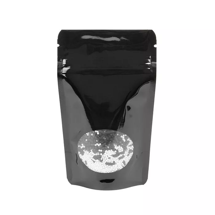 Black Stand Up Zipper Pouch Bags w/Oval Window, 3 1/8" x 2" x 5 1/8" (100 Pieces)