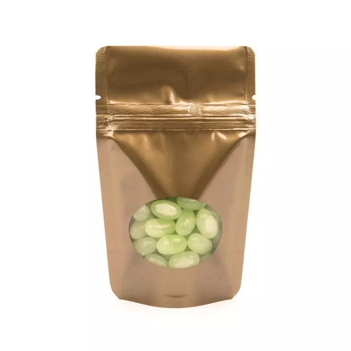 Bronze Stand Up Zipper Pouch Bags w/Oval Window, 3 1/8" x 2" x 5 1/8" (100 Pieces)