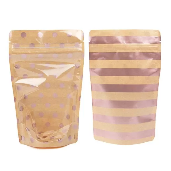 Kraft Stand Up Zipper Pouch w/ Rose Gold Dots & Stripes, 5 1/8" x 3 1/8" x 8 1/8" (25 Pieces)