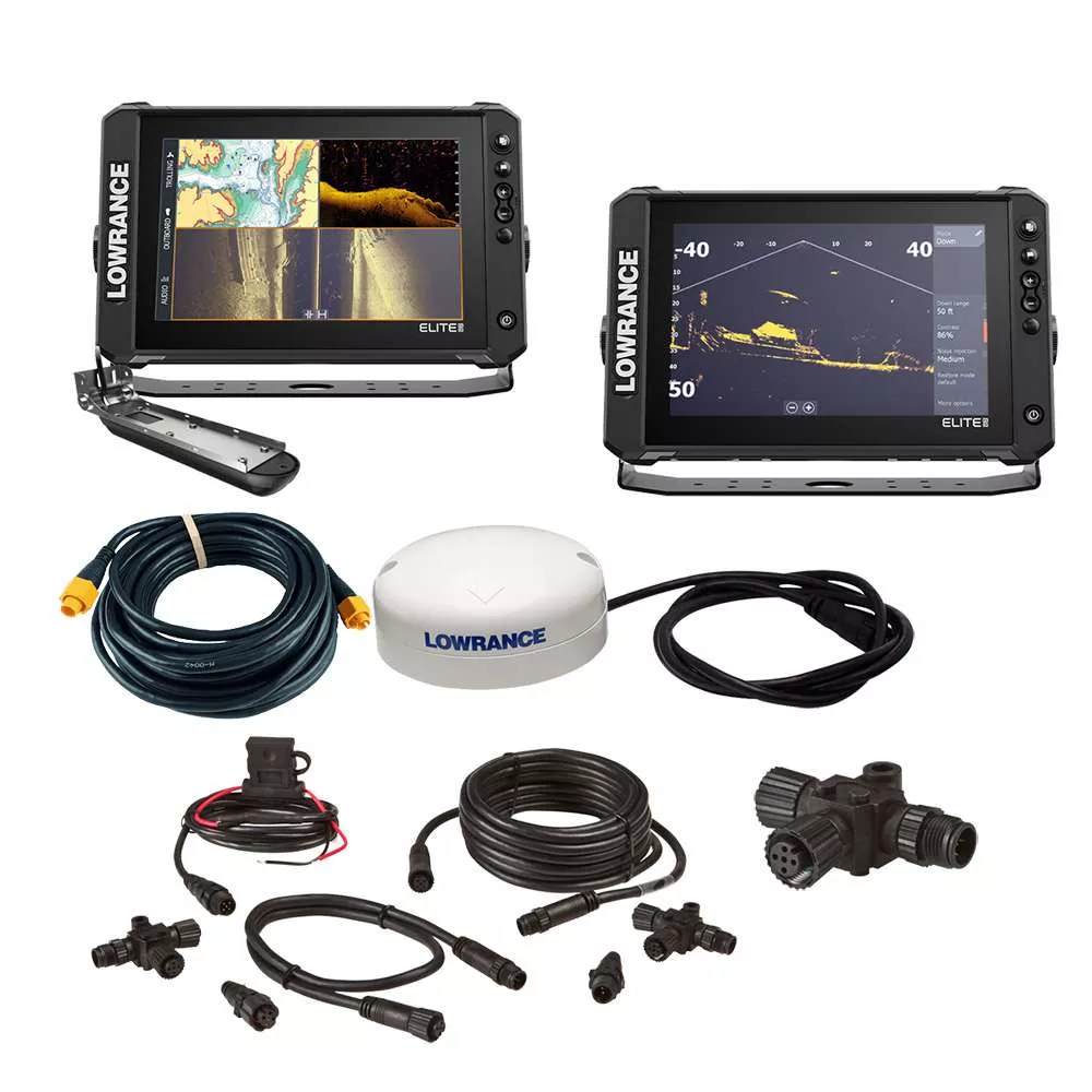 Lowrance Elite™ FS 10 BOAT in A BOX w/Active Imaging 3-in-1 – 2 Displays, TD, GPS Antenna, Starter Kit, 25′ Ethernet Cable