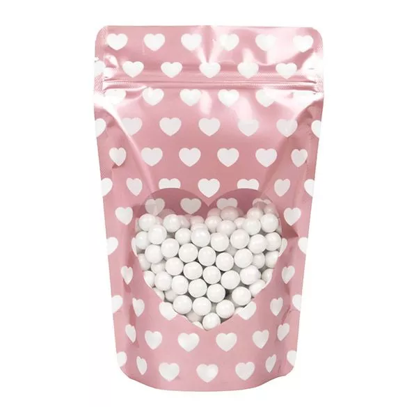 Rose Gold Stand Up Zipper Pouch with White Mini Hearts, 5 1/8" x 3 1/8" x 8 1/8" (25 Pieces)