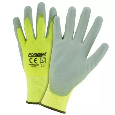 "Touch Screen" Gray PU palm coating, 13 gauge Hi vis yellow nylon shell touch screen tips HVY713SUTS/XS