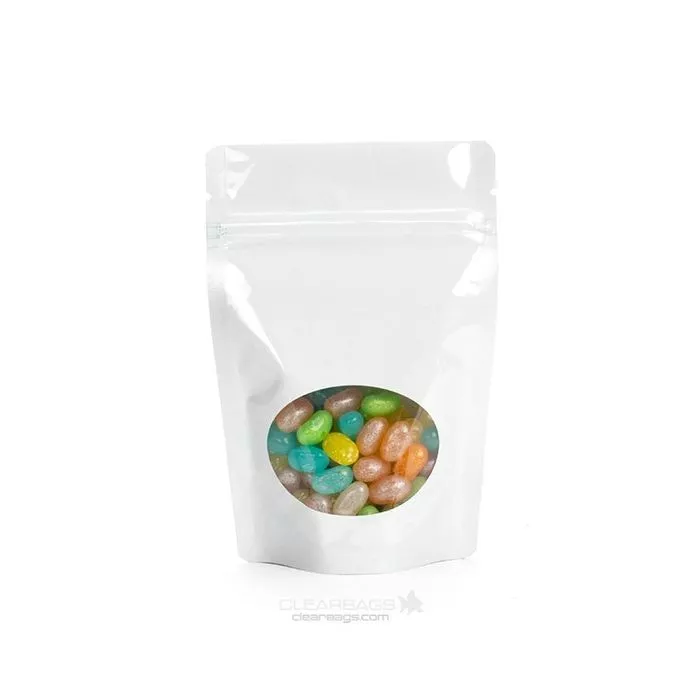 White Metallized Zipper Pouch Bags w/Oval Window, 4" x 2 3/8" x 6" (100 Pieces)