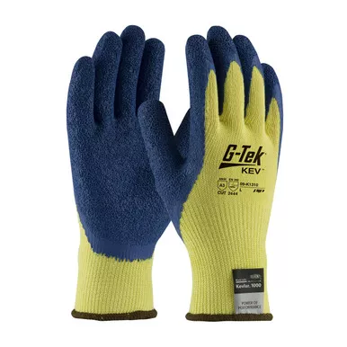 Yellow S G-Tek KEV, 100% Kevlar 10G Yellow Shell, Blue Latex Crinkle Grip, A3 Gloves made with Kevlar Brand Fiber 1 Dozen 09-K1310/S