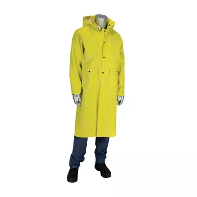 Yellow XL Rain Coat 48 inch .65mm Ribbed PVC /Polyester, Detachable Hood, Yellow PVC/Nonwoven 201-650C/XL