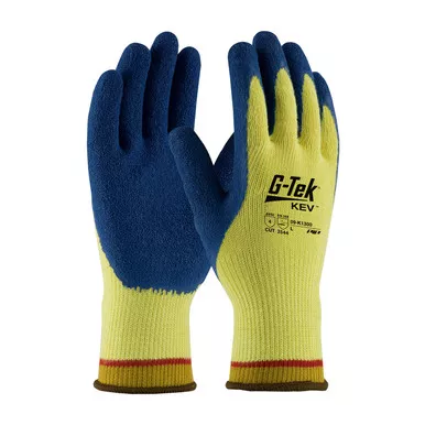 Yellow XXL G-Tek KEV, 100% Kevlar 7G Yellow Shell, Blue Latex Crinkle Grip, A4 Gloves made with Kevlar Brand Fiber 1 Dozen 09-K1300/XXL
